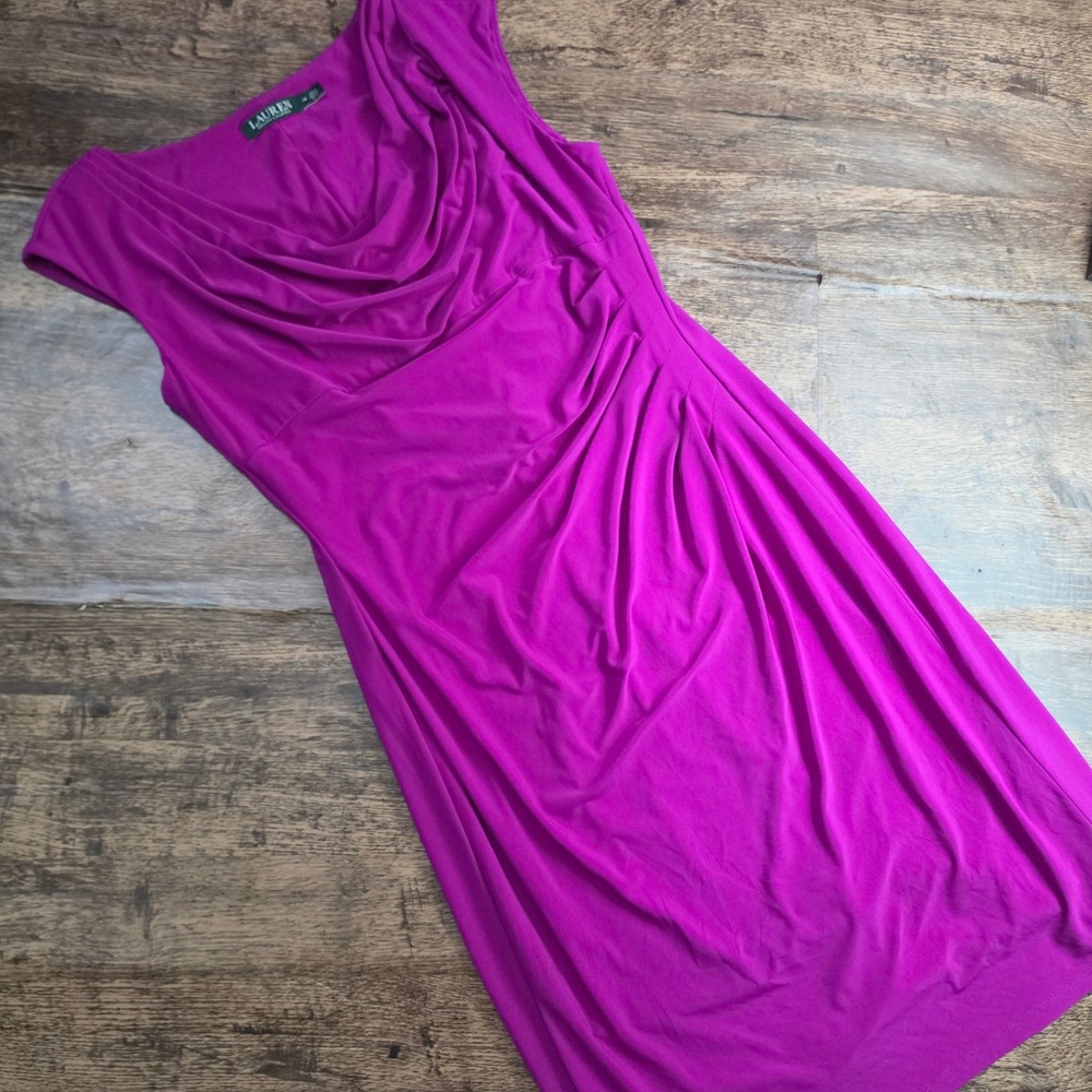 LAUREN Ralph Lauren Dress Women 14 Magenta Purple Cowl Neck Ruched Stretch